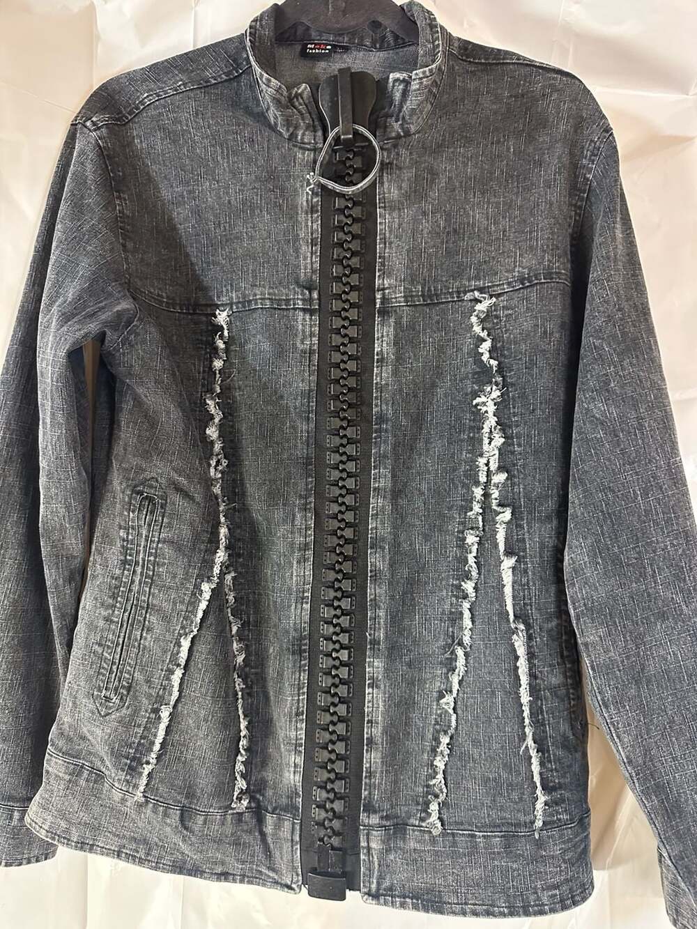 Moke Men's Washed Black Denim Jacket with Oversized Zipper and Fraying  xl